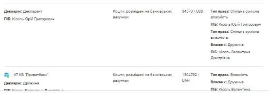 Задекларовані фінанси родини Кісєля